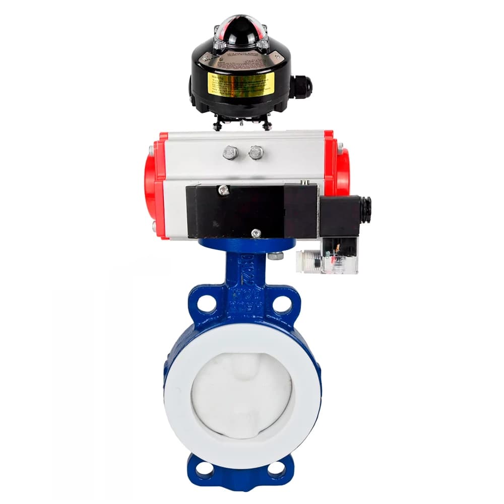 Затвор дисковый WCB-WCB-PTFE-PTFE-Fb-H Ду125 Ру16 корпус и диск углеродистая сталь WCB, футерованный PTFE, уплотнение PTFE, пневмопривод DA-083, пневмораспределителем PND2-S1EM-52-1NC-J08-24VDC и БКВ LSB-510-02ExM12-250