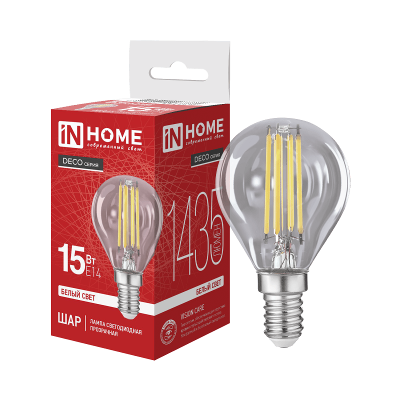 Лампа светодиодная LED-ШАР-deco 15Вт 230В Е14 4000К 1435Лм прозрачная IN HOME
