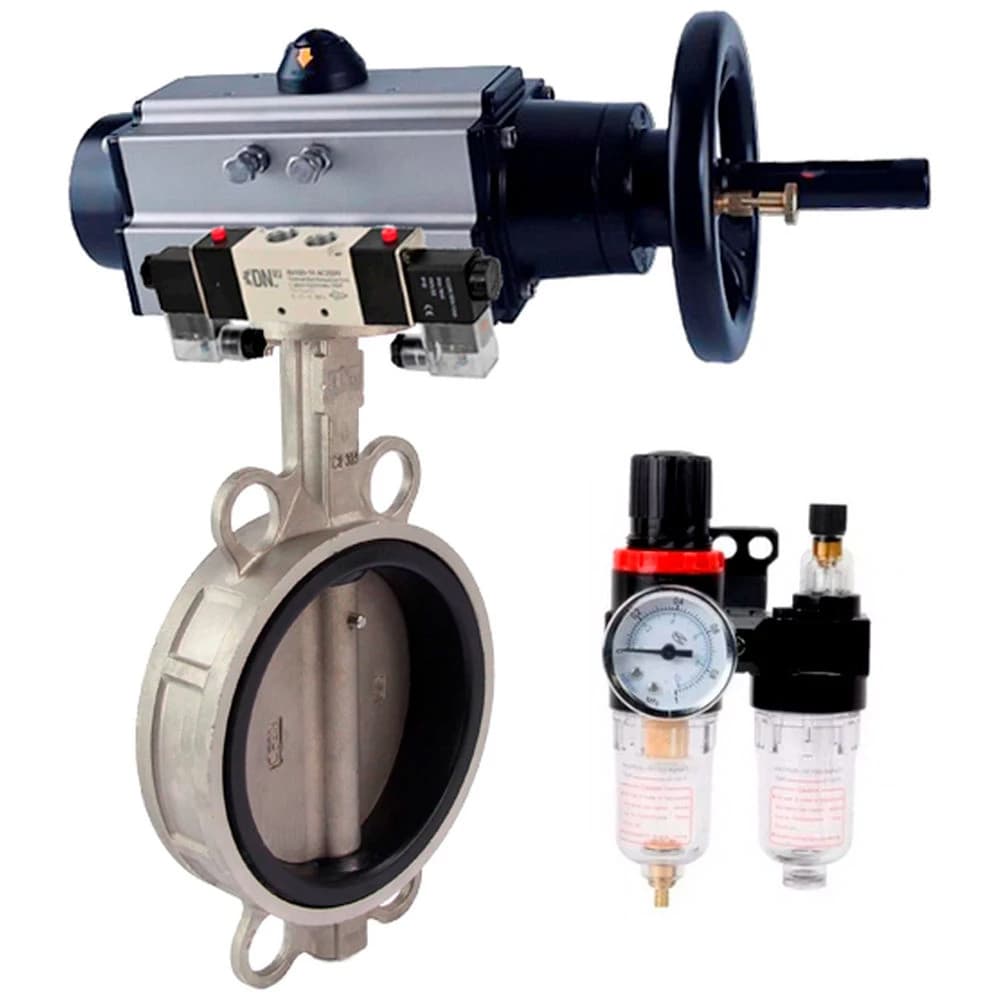 Затвор дисковый поворотный 316-316-VITON-2W-Fb Ду80 Ру16, корпус и диск нержавеющая сталь 316L, уплотнение VITON, с пневмоприводом DA-105-1, с пневмораспределителем PND1-S2EM-52-2-T08-220VAC, БПВ APU1-10-40-V08