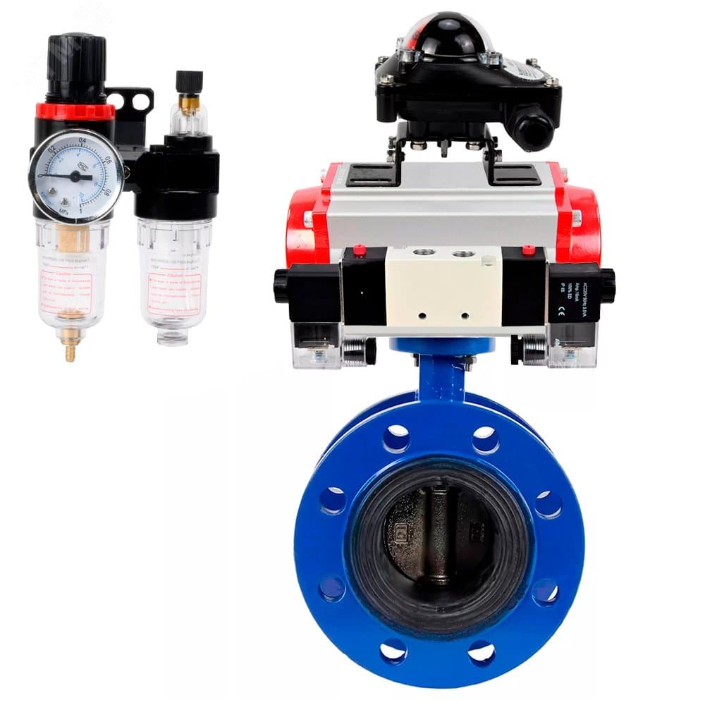 Затвор дисковый поворотный GGG40-304-EPDM-2W-F-H Ду100 Ру16 чугун GGG40, диск нержавеющая сталь 304, уплотнение EPDM, пневмопривод DA-105, пневмораспределитель PND1-S2EM-52-2-T10-220VAC, БКВ LSB-210-02NM12-220/24 и БПВ APU1-10-40-V08