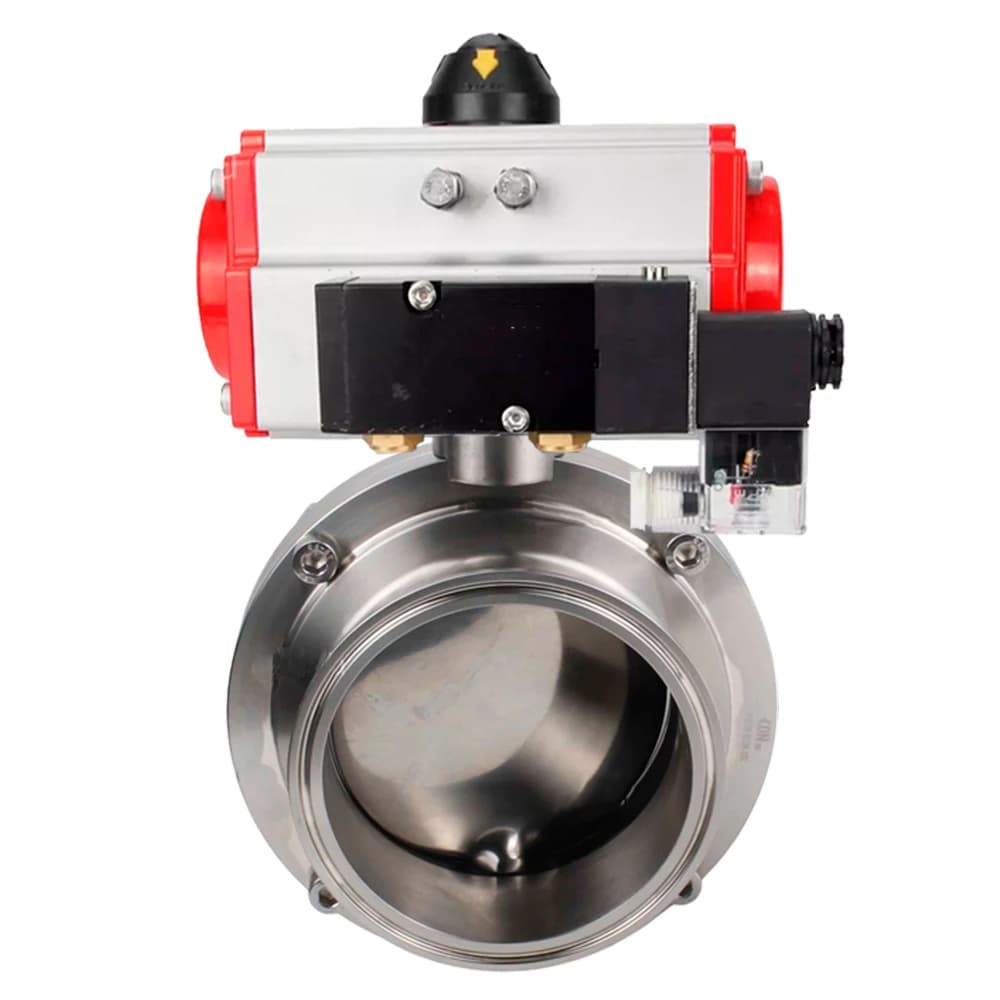 Затвор дисковый поворотный кламповый 304-304-Sil-2W-C-H Ду100 Ру10 корпус пищевая нержавеющая сталь 304, уплотнение Silicon, с пневмоприводом DA-065 и пневмораспределителем PND2-S1EM-52-1NC-J08-220VAC