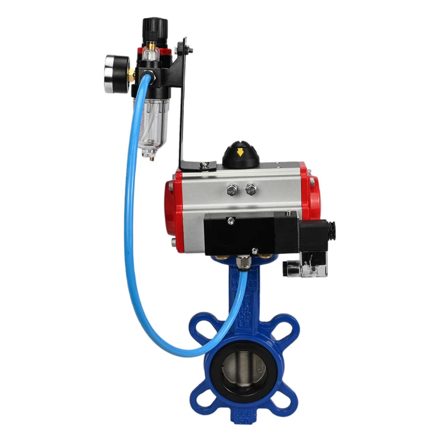 Затвор дисковый поворотный GGG50-316L-EPDM Ду50 Ру16, корпус чугун GGG50, диск нержавеющая сталь 316L, уплотнение EPDM, с пневмоприводом DA-065 двойного действия, с пневмораспределителем PND2-S1EM-52-1NC-J08-24VDC, с БПВ APU1-10-40-V08