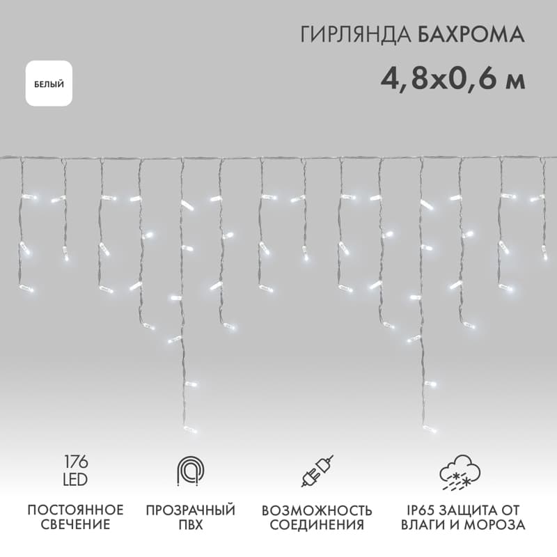 Гирлянда Айсикл Бахрома светодиодный, 4,8 х 0,6 м, прозрачный провод, 230 В, диоды белые, 176 LED