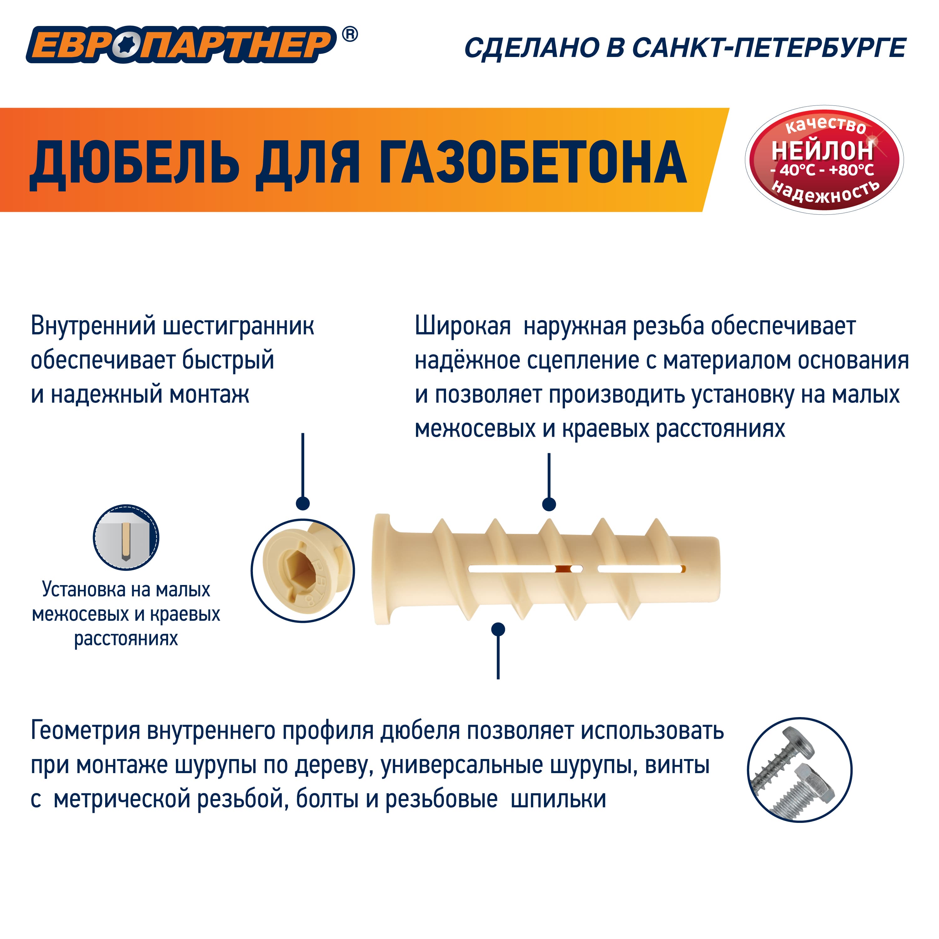 Дюбель для газобетона 10х50 нейлон (60 шт) (для винта М4)