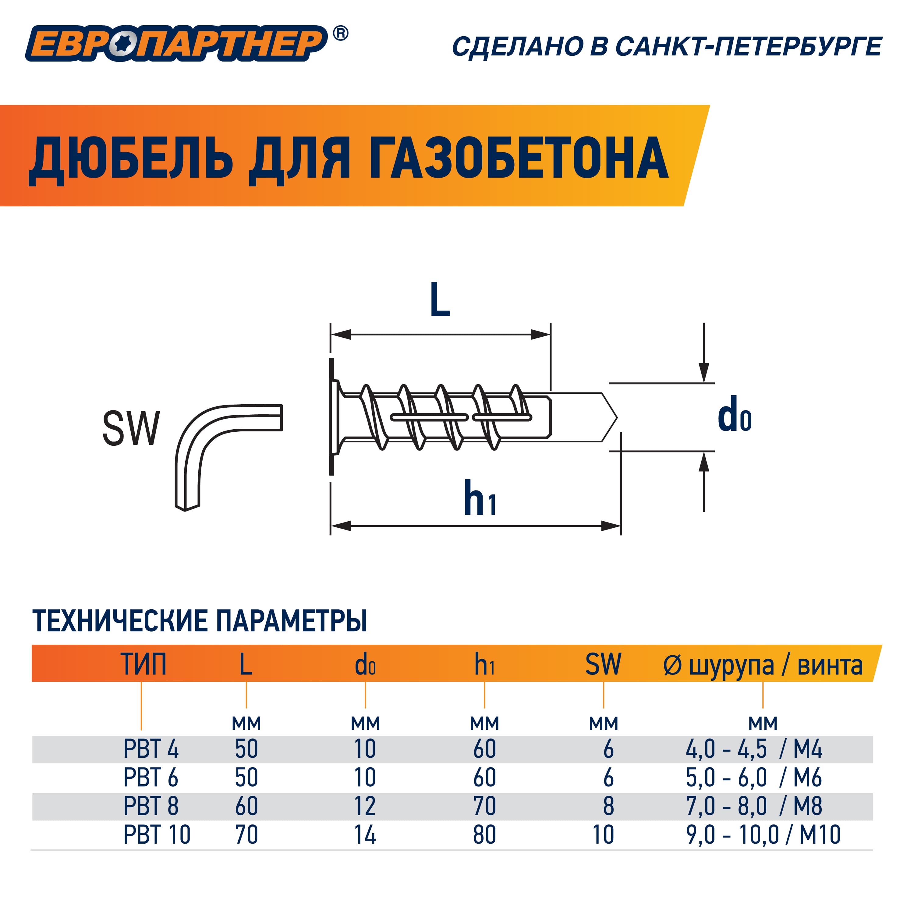 Дюбель для газобетона 10х50 нейлон (60 шт) (для винта М4)