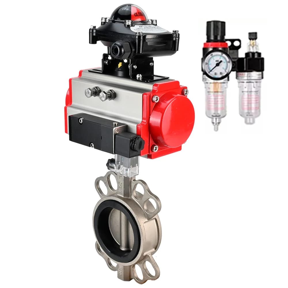 Затвор дисковый поворотный 304-304-EPDM-2W-Fb-H Ду250 Ру16, нержавеющая сталь 304, уплотнение EPDM, с пневмоприводом DA-160, пневмораспределителем PND2-S1EM-52-1NC-J08-220VAC, БКВ LSB-410-02ExM12-250 и БПВ APU1-10-40-V08