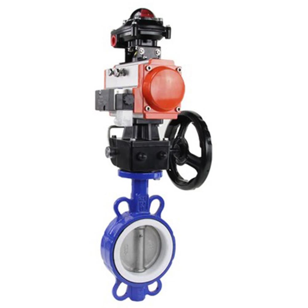 Затвор дисковый WCB-316L-PTFE Ду50 Ру16, корпус углеродистая сталь WCB, диск нержавеющая сталь 316L, уплотнение PTFE, пневмопривод DA-083, пневмораспределитель PND1-S2EM-52-2-T08-220VAC, БКВ LSB-210-02NM12-220/24, ручной дублёр HDM-2