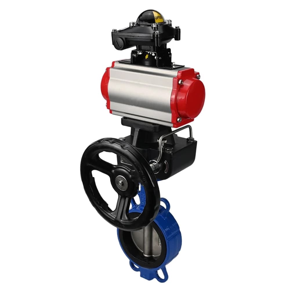 Затвор дисковый поворотный для абразивных сред QT450-316-EPDM-2W-Fb-H Ду100 Ру16, корпус чугун QT450, диск нержавеющая сталь 316L, EPDM, пневмоприводом DA-065, БКВ LSB-210-02NM12-220/24 и ручным дублером HDM-1