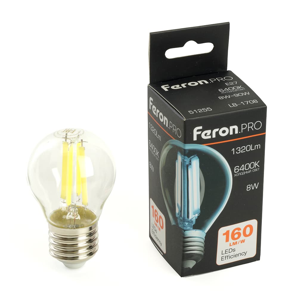 Лампа светодиодная LED 8вт Е27 дневной шар FILAMENT .PRO