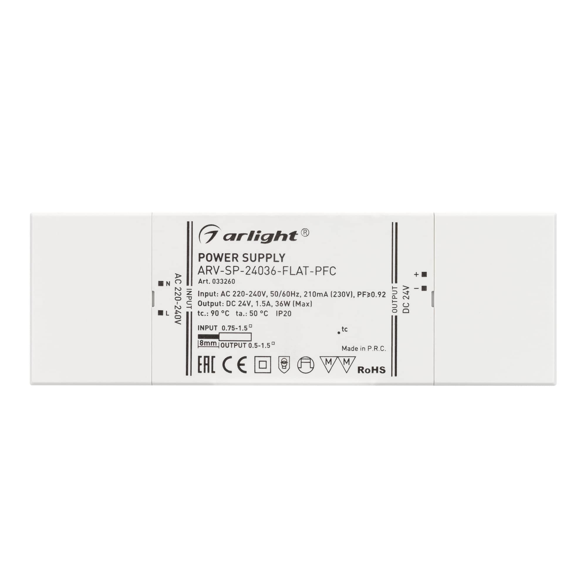 Блок питания ARV-SP-24036-FLAT-PFC (24V, 1.5A, 36W) (IP20 Пластик, 5 лет)