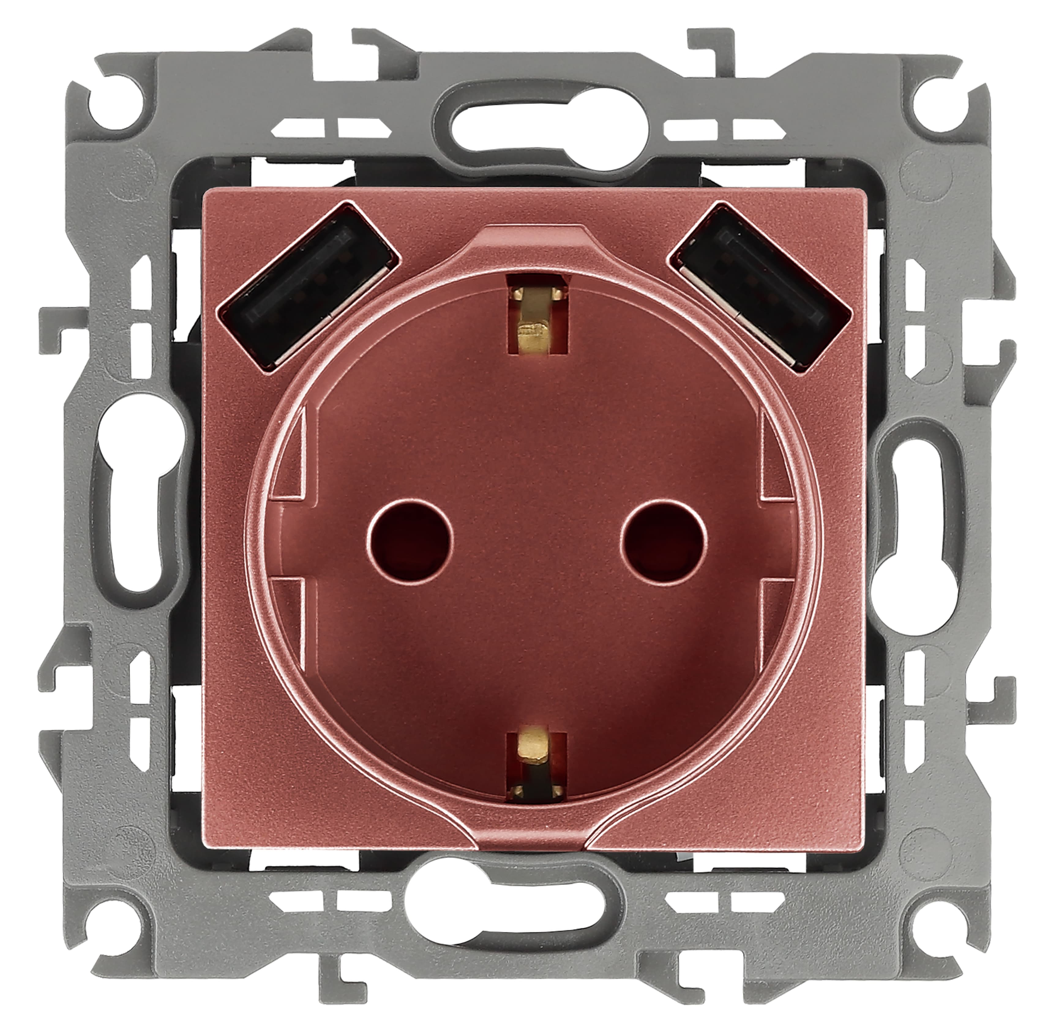 Розетка 2P+E 16A-250В, штор. с 2xUSB 5В-3А, Эра12, медь 12-4109-14