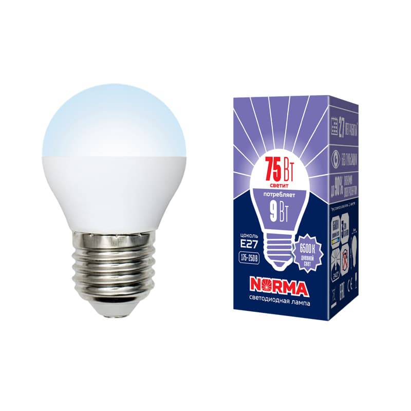 Лампа светодиодная LED-G45-9W/DW/E27/FR/NR форма шар, матовая, Norma, дневной (6500K)