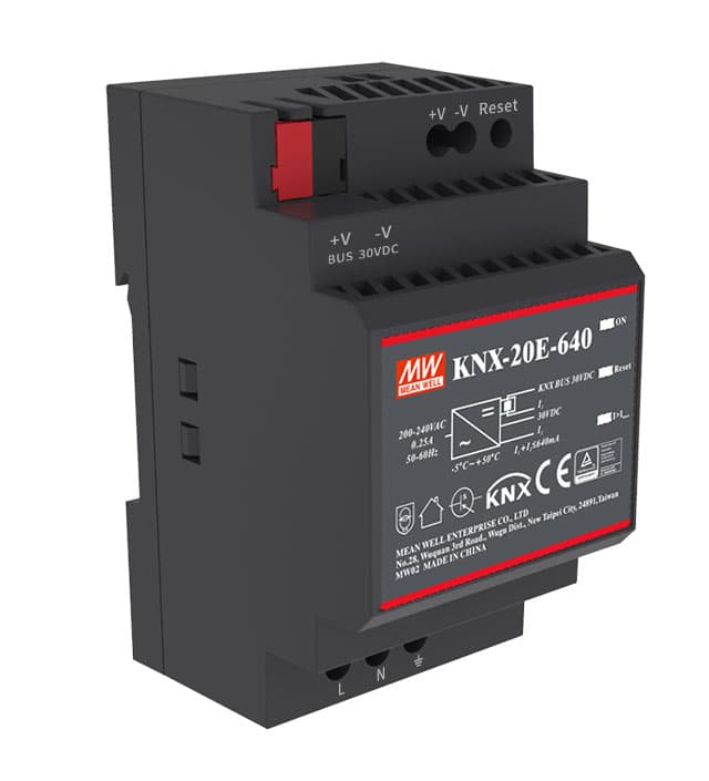 Блок питания AC-DC для системы KNX, 19.2Вт, вход 180...264V AC, 47...63Гц, 254...370В DC, выход 30В, 640мA, интегр. шина KNX, изоляция 3750В AC, пласт. корпус на DIN-рейку.