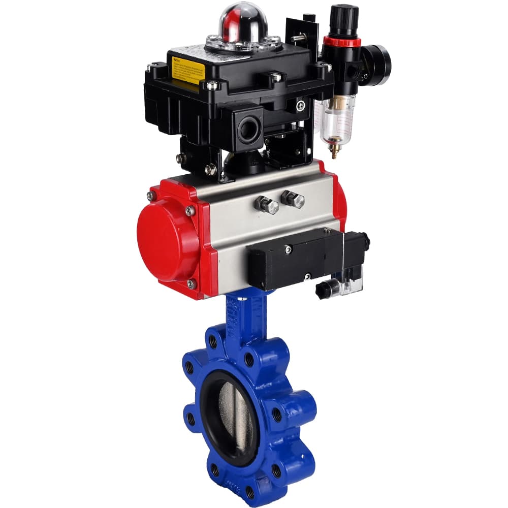 Затвор дисковый поворотный QT450-QT450-EPDM-2W-Fb-H Ду125 Ру16 корпус и диск чугун QT450, уплотнение EPDM, пневмопривод DA-105, пневмораспределитель PND2-S1EM-52-1NC-J08-24VDC, БКВ LSB-410-02ExM12-250 и БПВ APU1-10-40-V08