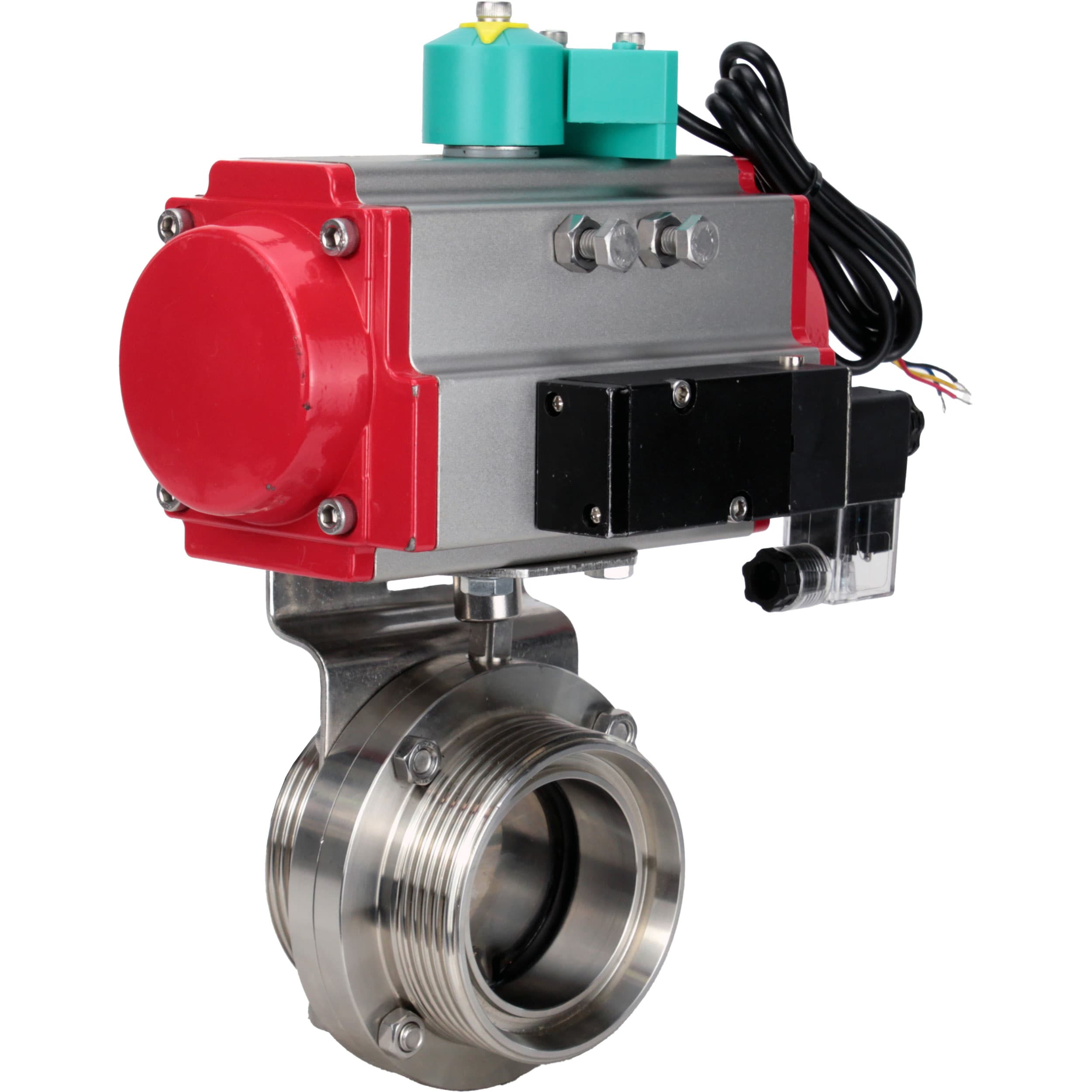 Затвор дисковый поворотный DN.ru 304-304-Sil-2W-T-H Ду20 Ру10 резьбовой, пищевая нержавеющая сталь 304, уплотнение Silicon, с пневмоприводом DA-052, пневмораспределителем PND2-S1EM-52-1NC-J08-24VDC и магнитным переключателем МППП-200
