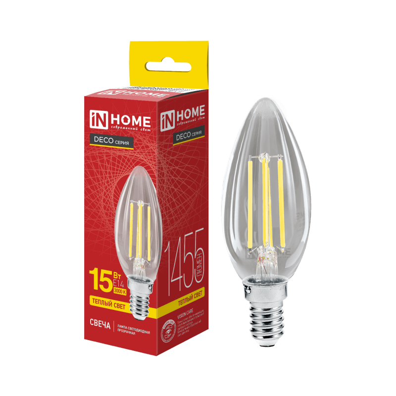 Лампа светодиодная LED-СВЕЧА-deco 15Вт 230В Е14 3000К 1455Лм прозрачная IN HOME