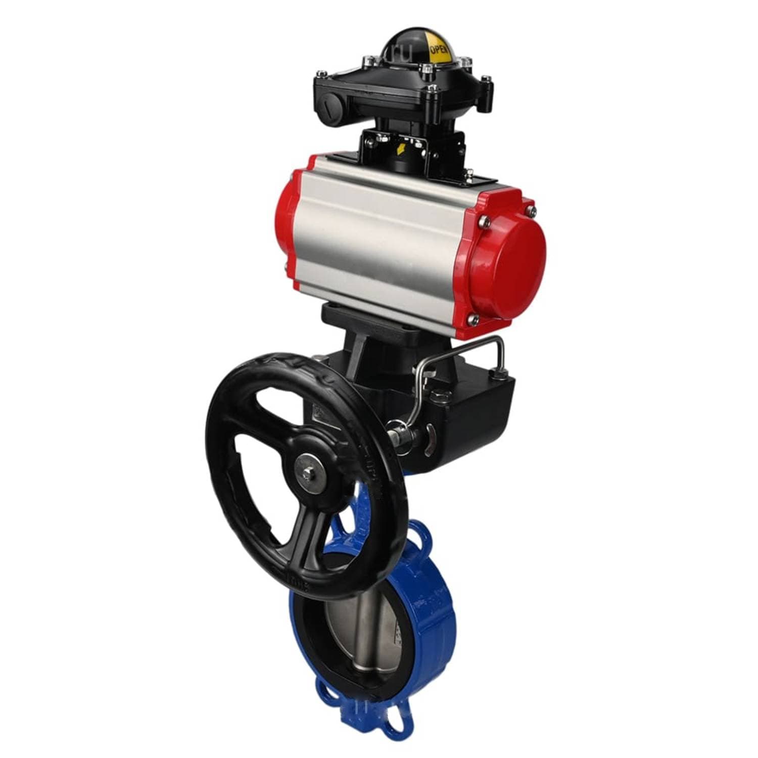Затвор дисковый поворотный для абразивных сред QT450-316-EPDM-2W-Fb-H Ду65 Ру16, корпус чугун QT450, диск нержавеющая сталь 316L, EPDM, пневмоприводом DA-052, БКВ LSB-510-02ExM12-250 и ручным дублером HDM-1