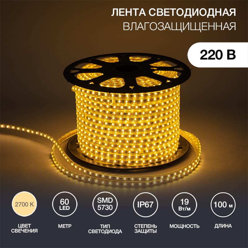 Лента LED уличная 220В, 6.5x13мм, IP67, SMD 5730, 60 LED/м, Теплый белый, 100м