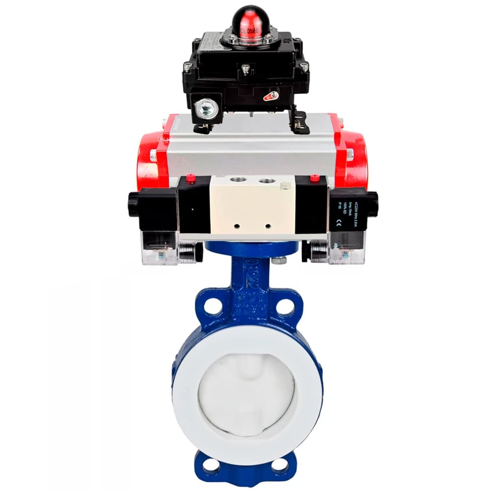 Затвор дисковый WCB-WCB-PTFE-PTFE-Fb-H Ду125 Ру16 корпус углеродистая сталь WCB, диск углеродистая сталь WCB, футерованный PTFE, уплотнение PTFE, пневмопривод SA-130, пневмораспределителем PND1-S2EM-52-2-T08-220VAC и БКВ LSB-410-02ExM12-250