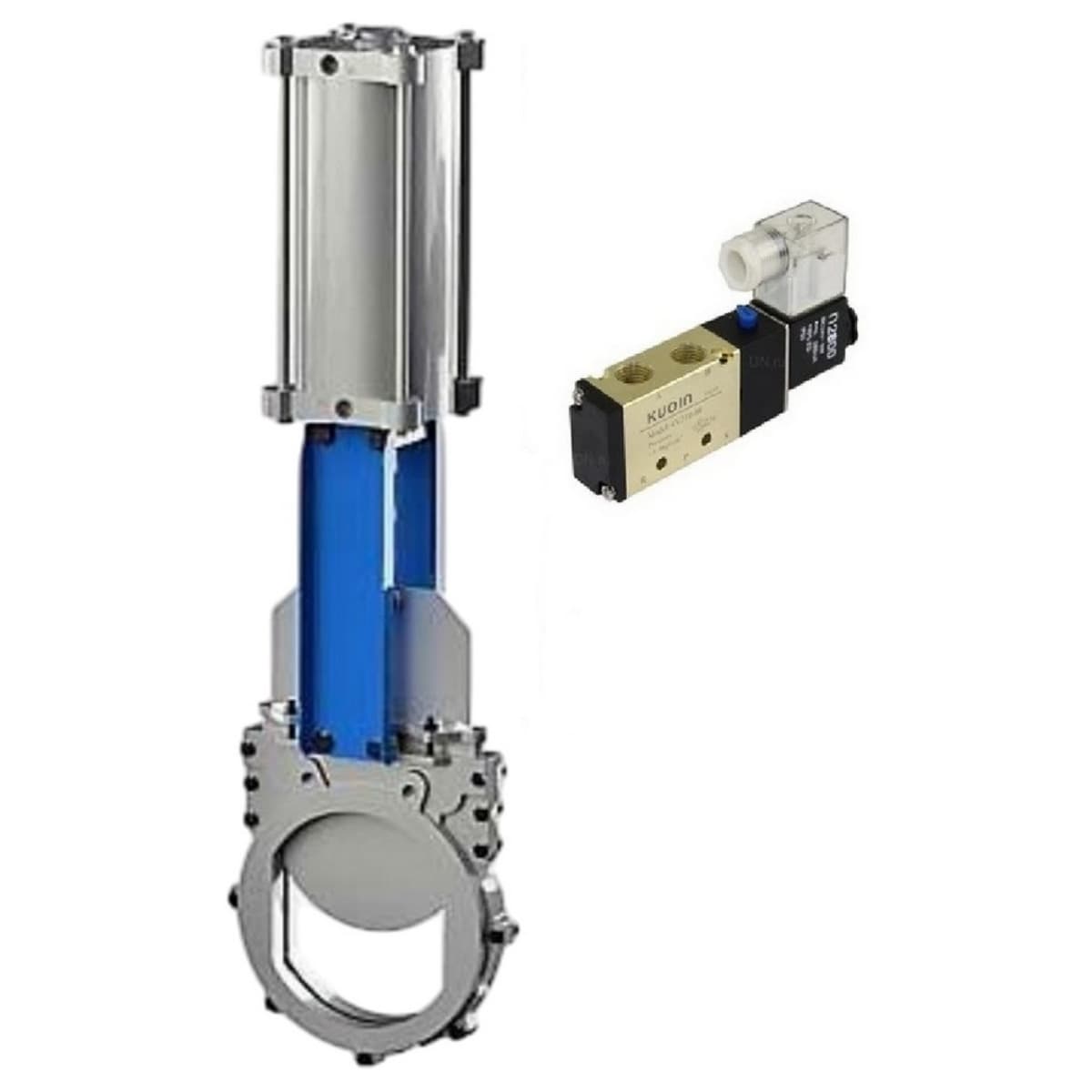 Задвижка шиберная 304-304-EPDM-2W-Fb-2P Ду65 Ру16 межфланцевая, шпиндель выдвижной, корпус нерж.сталь 304, шибер нерж.сталь 304, уплотнение EPDM, WENZ, с пневмоприводом и пневмораспределителем PND3-S1EM-52-1NC-J08-220VAC KUOIN
