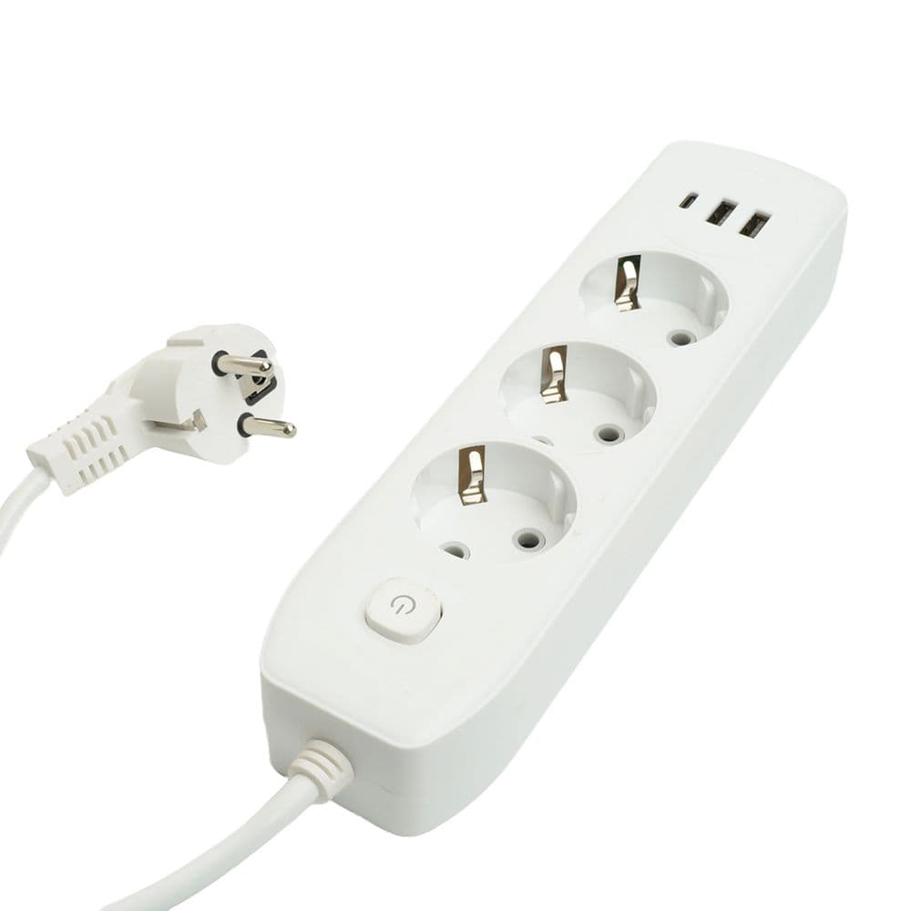Удлинитель 3-местный c/з 3x1 мм2 1.8 м 250В 10А 2USB+1Type-C 2.4А Home белый