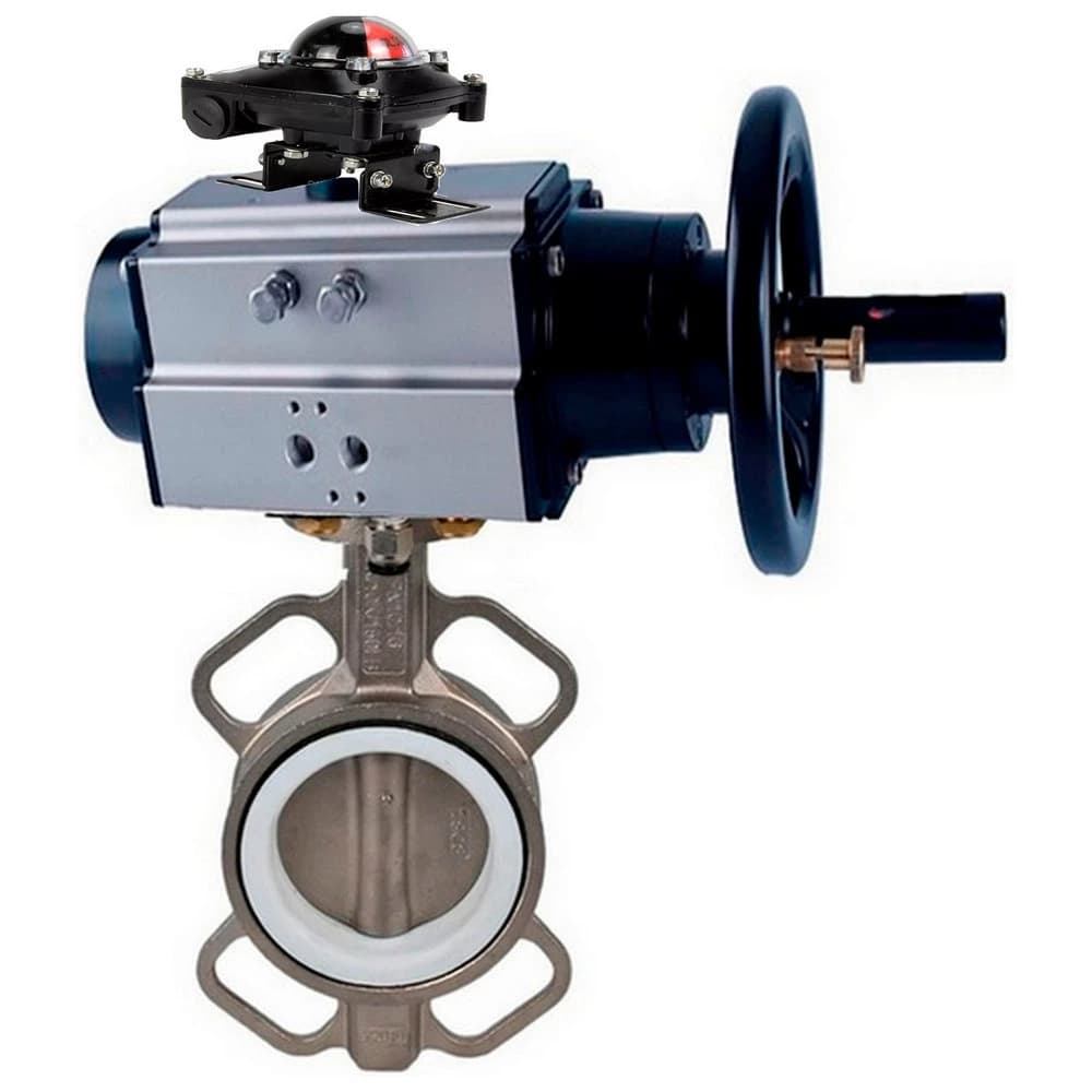 Затвор дисковый поворотный 316L-316L-EPDM Ду150 Ру16, корпус и диск нержавеющая сталь 316L, уплотнение EPDM, с пневмоприводом PA-DA-105-1 двойного действия, с БКВ LSB-510-02ExM12-250