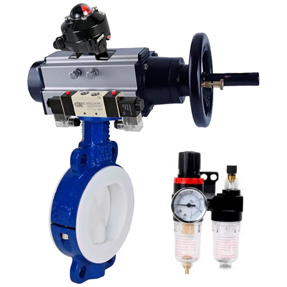 Затвор дисковый WCB-WCB-PTFE-PTFE-Fb-R Ду200 Ру16, корпус и диск углеродистая сталь WCB, футерованный PTFE, уплотнение PTFE, пневмопривод DA-105-1, пневмораспределитель PND1-S2EM-52-2-T10-220VAC, БКВ LSB-410-02ExM12-250, БПВ APU1-10-40-V08