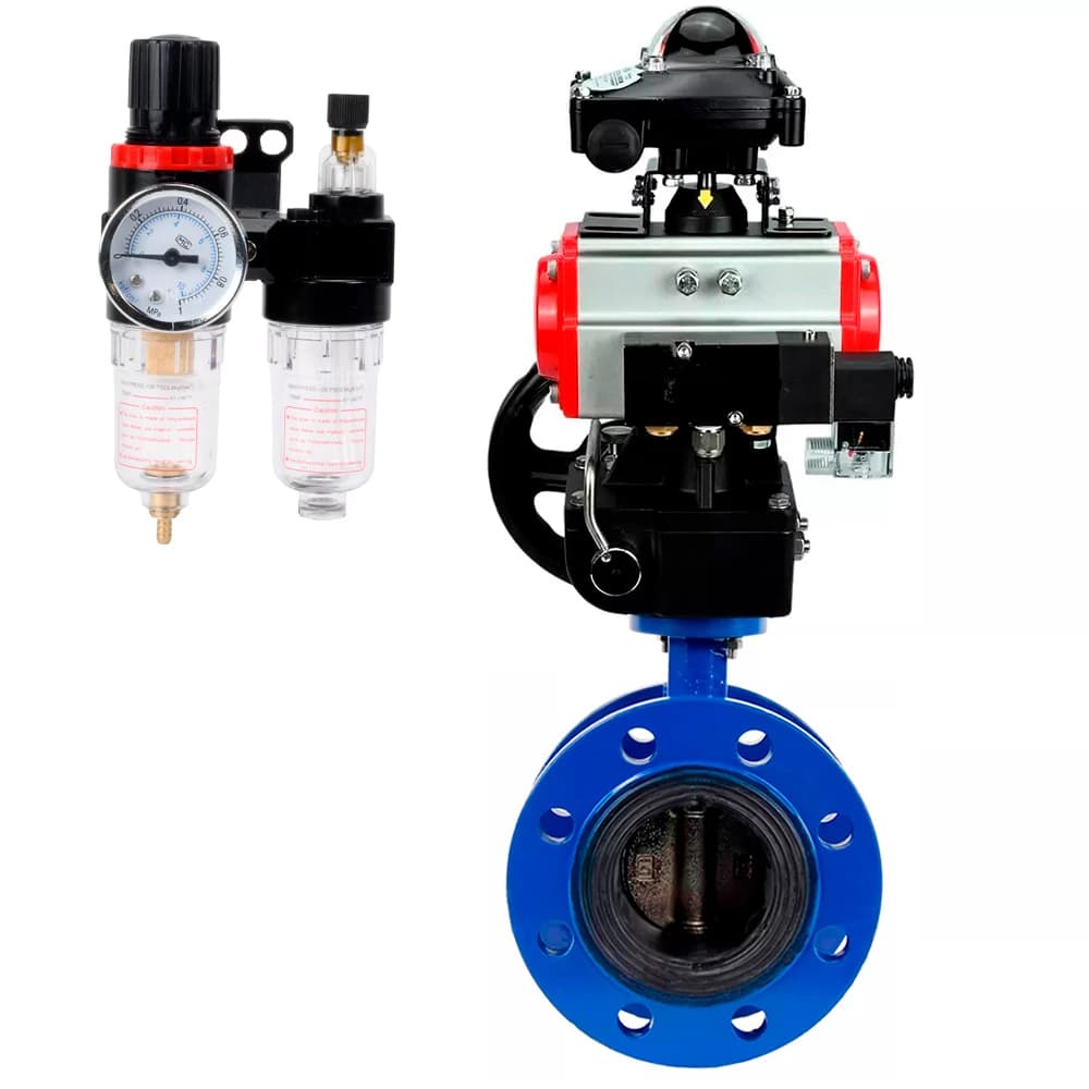 Затвор дисковый поворотный GGG40-304-EPDM-2W-F-H Ду200 Ру16 чугун GGG40, диск нержавеющая сталь 304, EPDM, с пневмоприводом DA-140, пневмораспределителем PND2-S1EM-52-1NC-J08-220VAC, БКВ LSB-210-02NM12-220/24 и ручным дублером HDM-4