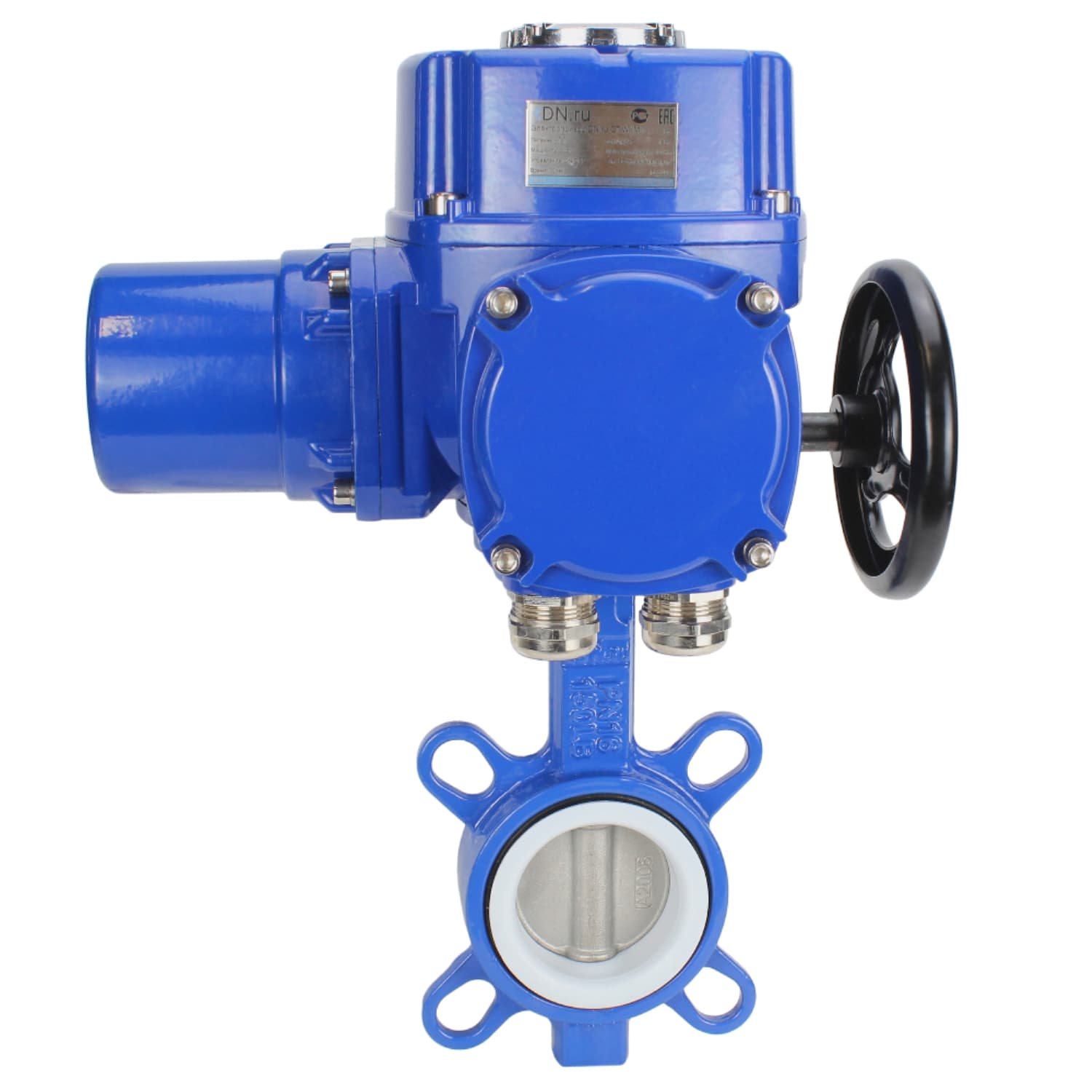 Затвор дисковый поворотный WCB-316L-PTFE Ду40 Ру16, корпус углеродистая сталь WCB, диск нержавеющая сталь 316L, уплотнение PTFE, с 1/4-оборотным электроприводом QT-W (M)-010 220В