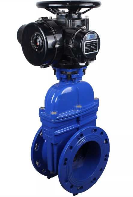 Задвижка клиновая 30ч939р (аналог МЗВ) GGG50-GGG50-EPDM-BLUE Ду150 Ру10/16 фланцевая, клин обрезиненный, шпиндель невыдвижной, корпус чугун, уплотнение EPDM, c ОСТ-фланцем с электроприводом многооборотным VGD-N-010 380В пятикулачковым