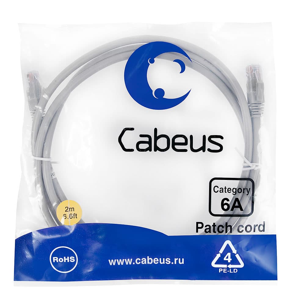 Патч-корд U/UTP, категория 6а (10G), 2xRJ45/8p8c, неэкранированный, серый, LSZH, 2м