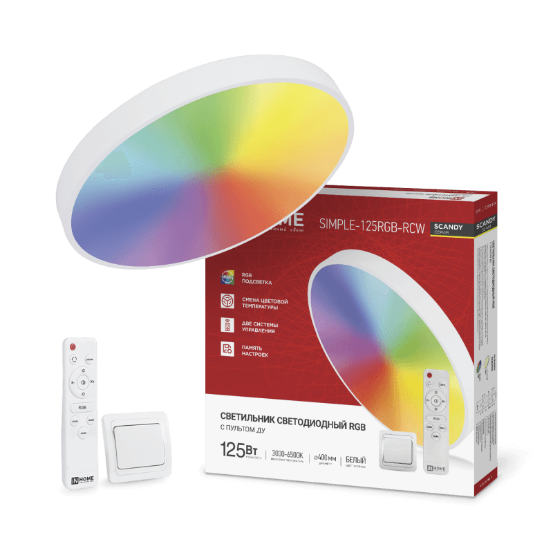 Светильник светодиодный SCANDY SIMPLE-125RGB-RCW 125Вт 230В 3000-6500K 10000Лм 400x50мм пульт ДУ белый IN HOME