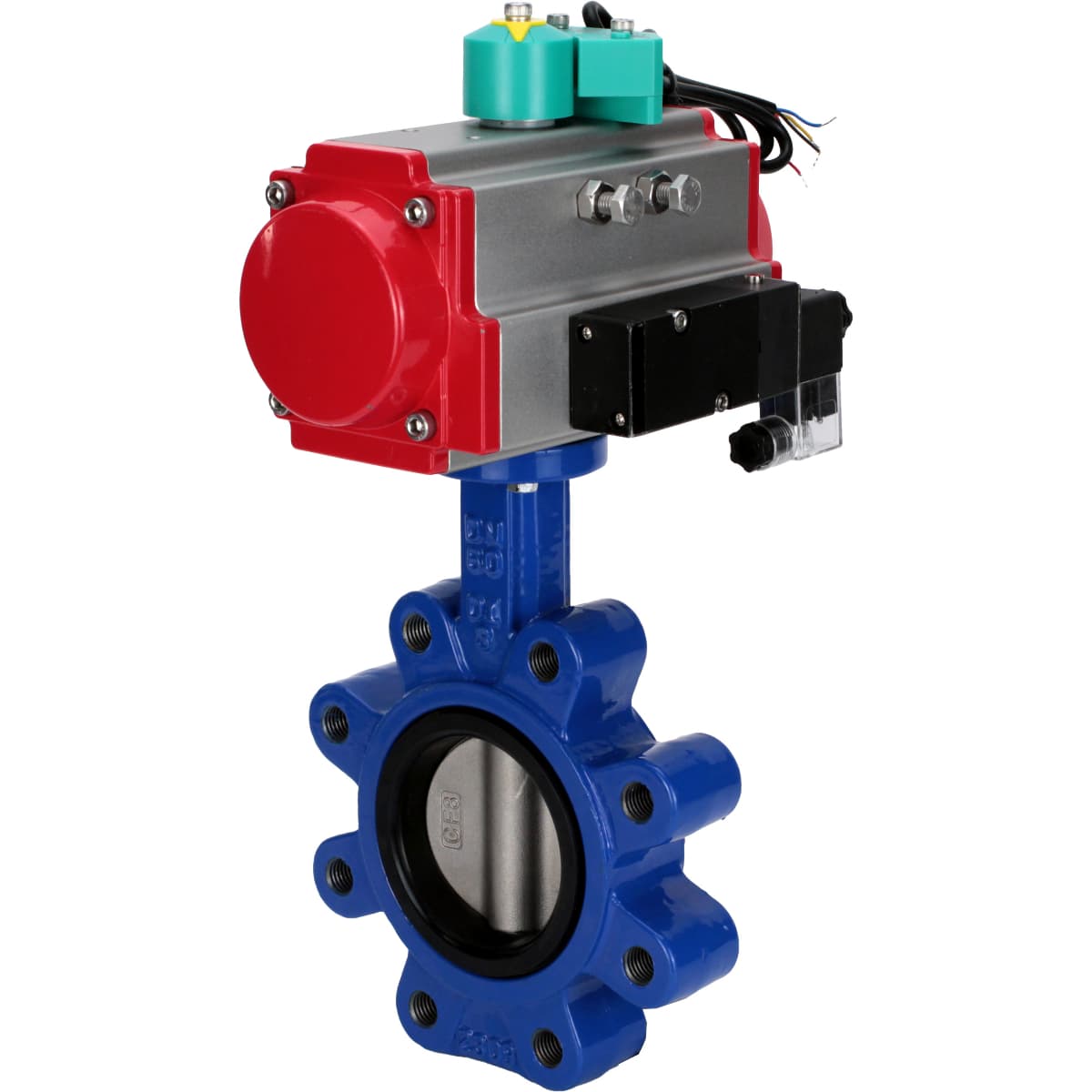 Затвор дисковый поворотный DN.ru QT450-304-NBR-2W-Fb-H Ду100 Ру16 LUG корпус чугун QT450, диск нержавеющая сталь 304, уплотнение NBR, с пневмоприводом DA-083, пневмораспределителем PND2-S1EM-52-1NC-J08-220VAC и переключателем МППП-200