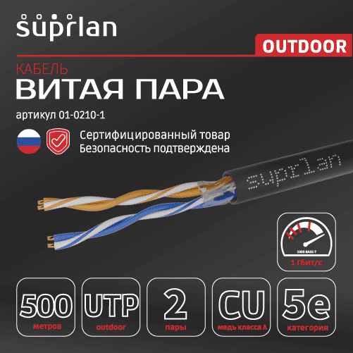 Витая пара U/UTP кат 5e 2x2x0.51 Premium Cu PE OUT 500м