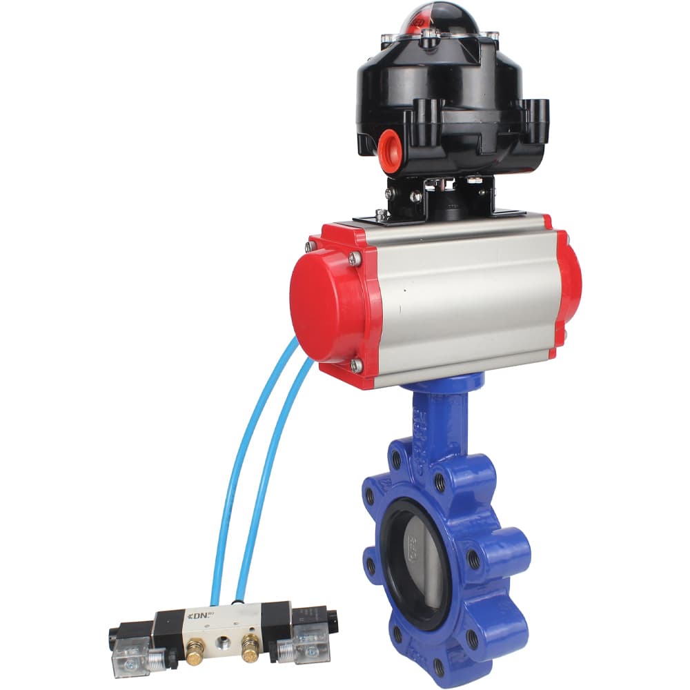 Затвор дисковый поворотный QT450-304-NBR-2W-Fb-H Ду150 Ру16 корпус чугун QT450, диск нержавеющая сталь 304, уплотнение NBR, с пневмоприводом DA-105, пневмораспределителем PND1-S2EM-52-2-T08-220VAC и БКВ LSB-510-02ExM12-250