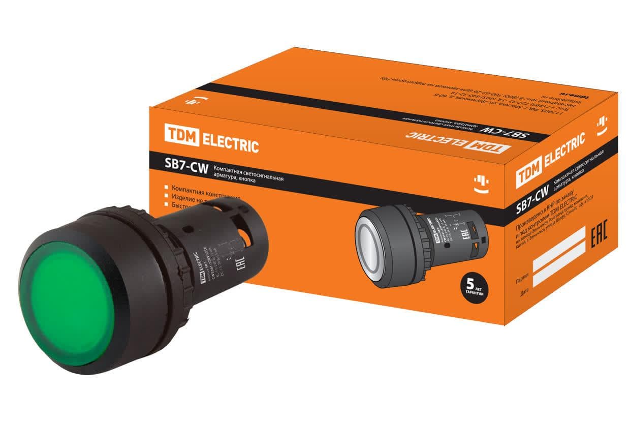 Кнопка SB7-CW3361-220V(LED) d22мм 1з, зеленая