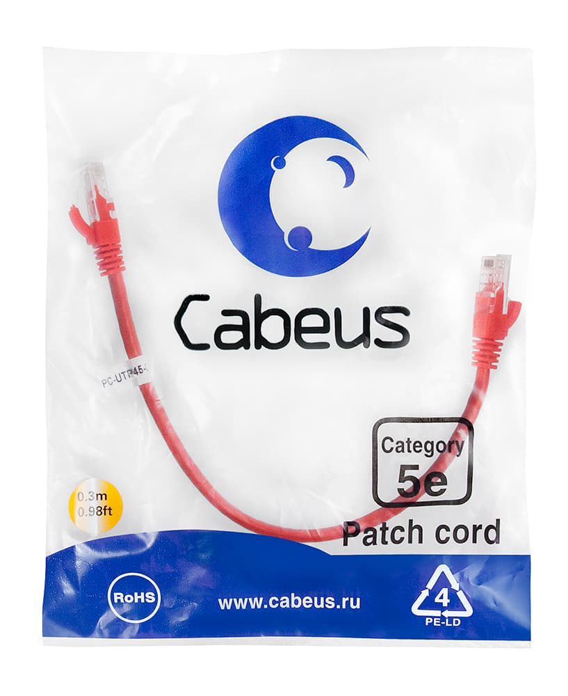 Патч-корд U/UTP, категория 5е, 2xRJ45/8p8c, неэкранированный, красный, LSZH, 0.3м