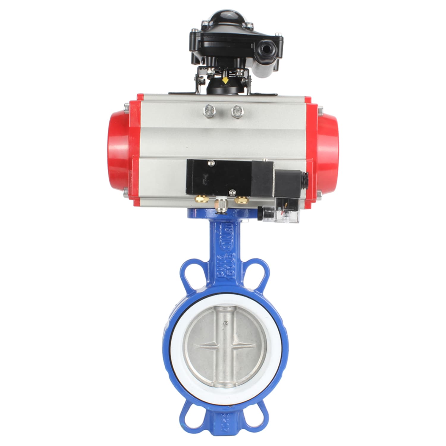 Затвор дисковый поворотный WCB-316L-PTFE Ду125 Ру16, корпус углеродистая сталь WCB, диск нержавеющая сталь 316L, уплотнение PTFE, пневмопривод SA-140, пневмораспределитель PND2-S1EM-52-1NC-J08-220VAC, с БКВ LSB-210-02NM12-220/24