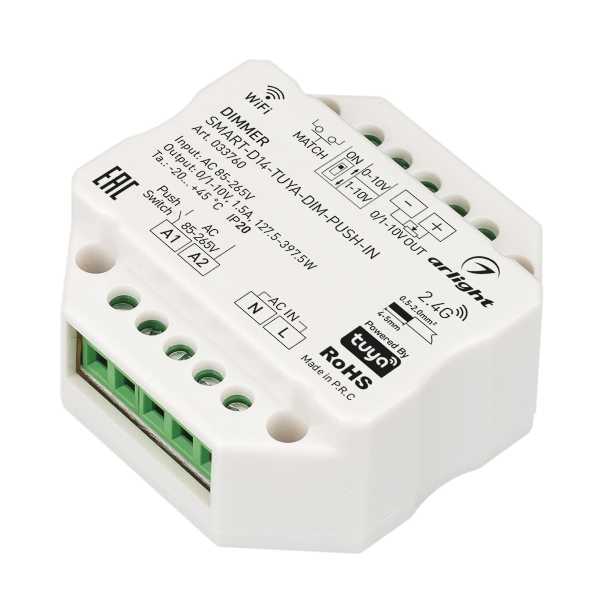 Диммер SMART-D14-TUYA-DIM-PUSH-IN (230V, 1.5A, 0/1-10V, 2.4G) (IP20 Пластик, 5 лет)