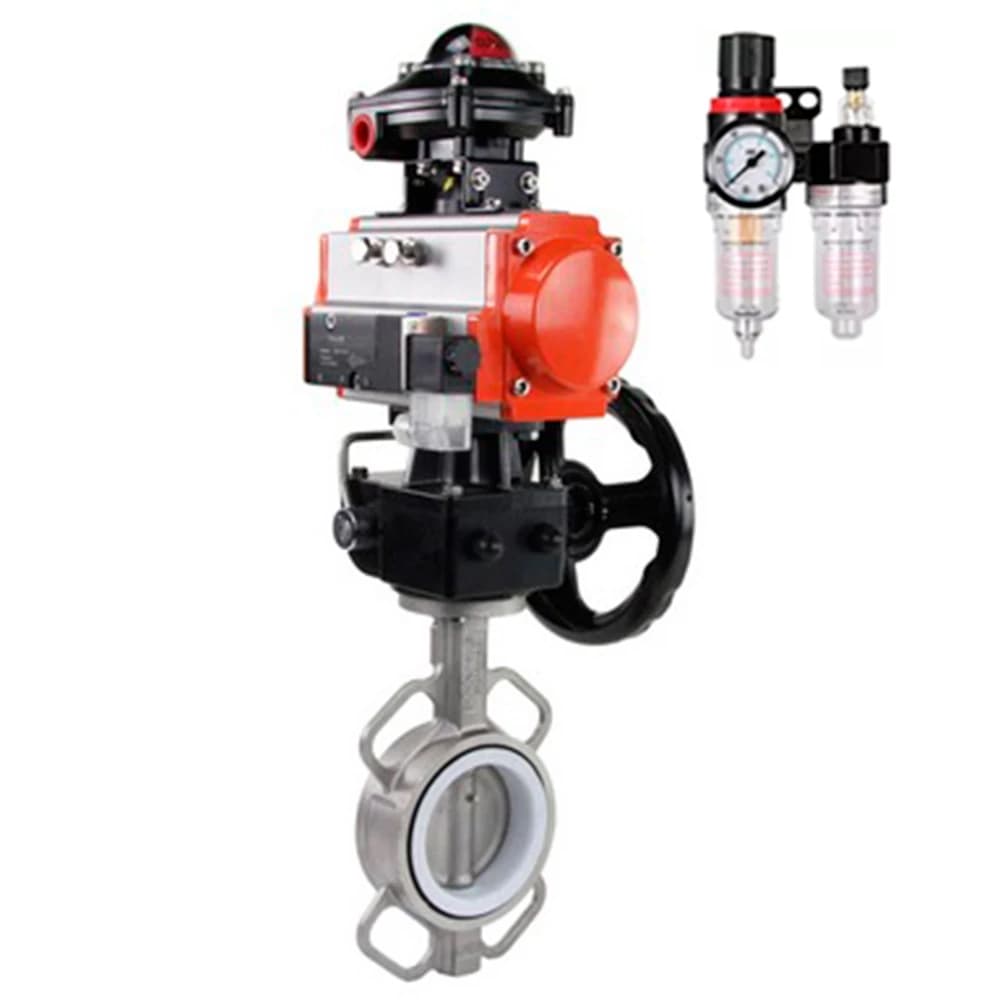 Затвор дисковый поворотный 304-304-PTFE-2W-Fb-H Ду80 Ру16, нержавеющая сталь 304, PTFE, с пневмоприводом DA-083, пневмораспределителем PND2-S1EM-52-1NC-J08-220VAC, БКВ LSB-210-02NM12-220/24, ручным дублером HDM-2 и БПВ APU1-10-40-V08