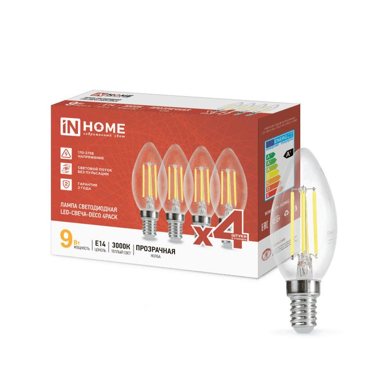 Лампа светодиодная LED-СВЕЧА-deco 4PACK 9Вт 230В Е14 3000К 1040Лм (4шт./упак) прозрачная IN HOME