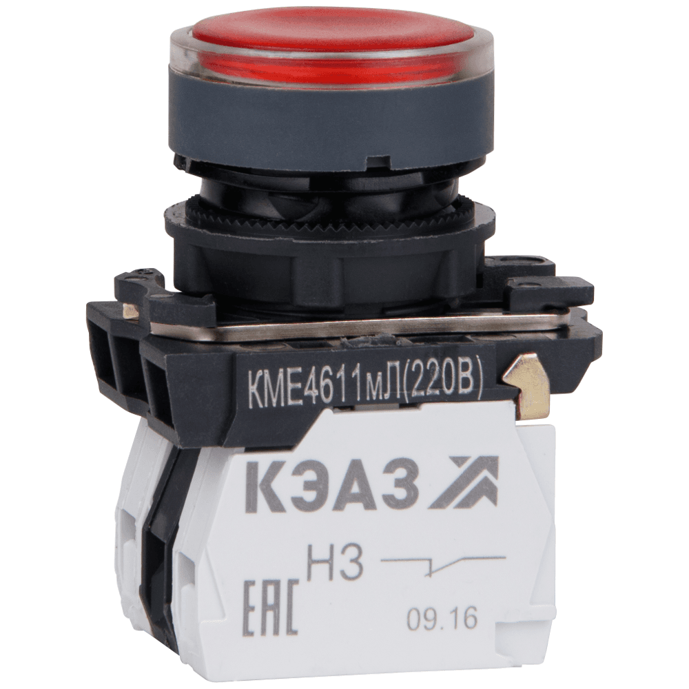 Кнопка КМЕ4611мЛ-24В-красный-1но+1нз-цилиндр-индикатор-IP65
