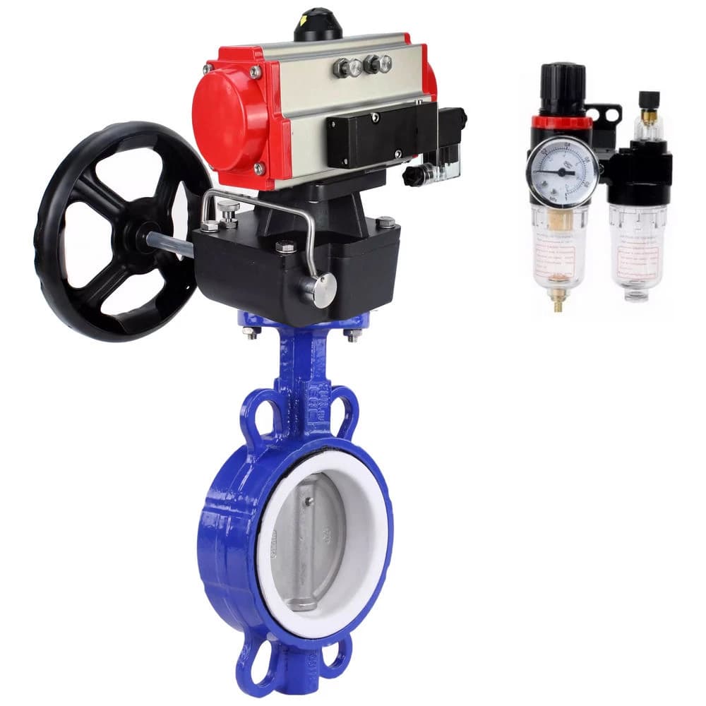 Затвор дисковый поворотный WCB-316-PTFE-2W-Fb Ду50 Ру16, корпус углеродистая сталь WCB, уплотнение PTFE, с пневмоприводом DA-083, с пневмораспределителем PND1-S2EM-52-2-T08-220VAC, ручным дублером HDM-2, БПВ APU1-10-40-V08