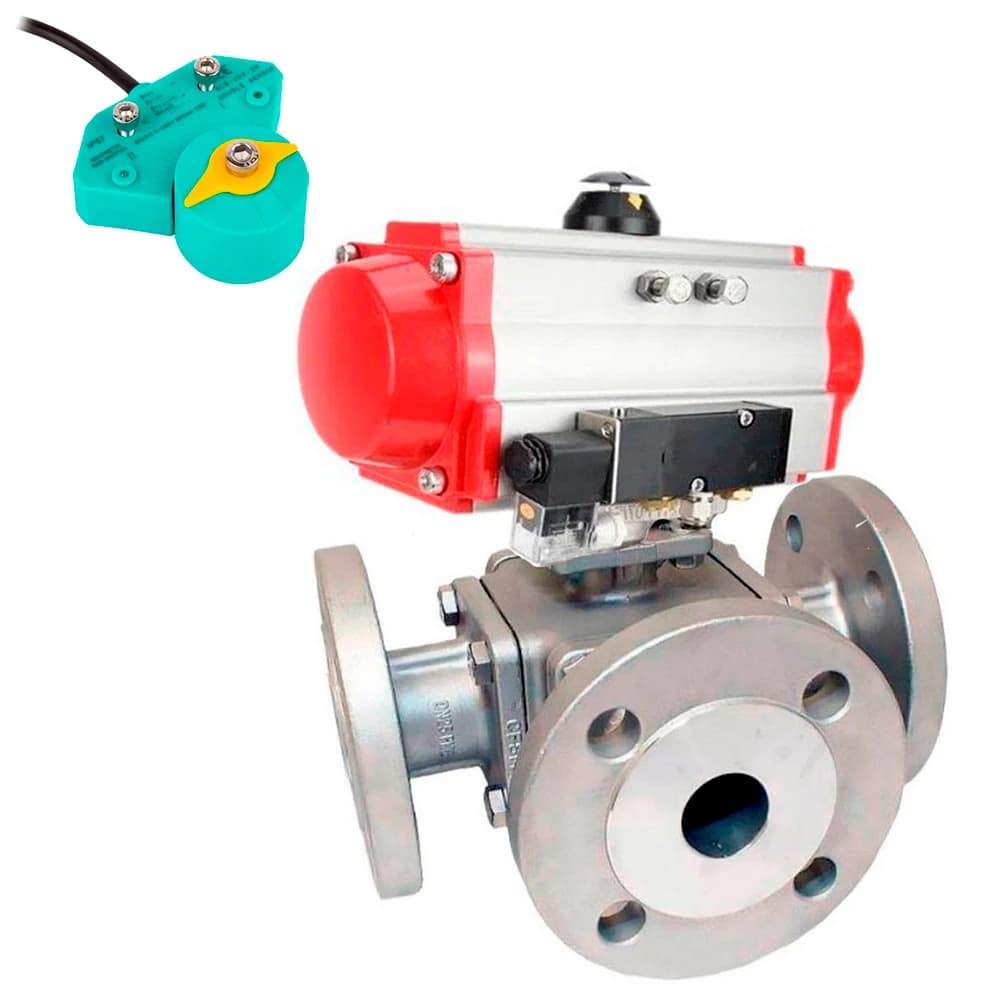 Кран шаровой 316-316-PTFE L-тип Ду20 Ру16 полнопроходной трехходовой L-тип, фланцевый, корпус нержавеющая сталь SS316, уплотнение PTFE, пневмопривод DA-052, пневмораспределитель PND2-S1EM-52-1NC-J08-24VDC, магнитный переключатель МППП-200
