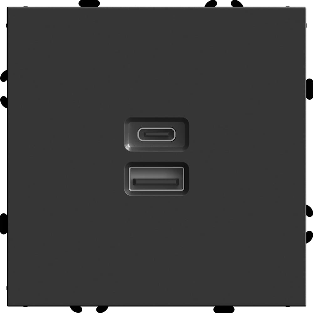 Розетка 2-местная USB + Type C (механизм), 250В, 20W, серия Эмили,, черный уголь, soft touch