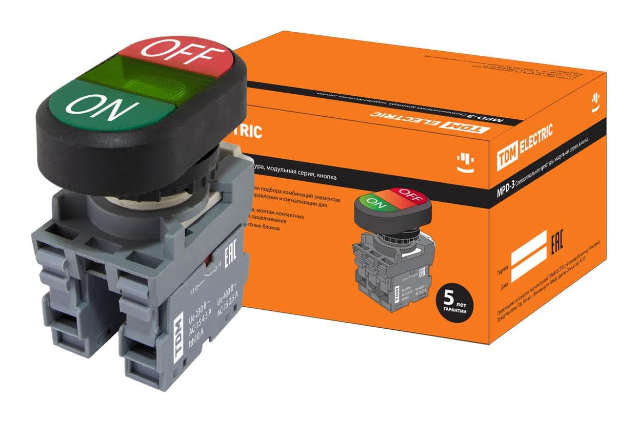 Кнопка двойная MPD3-11G (зеленая/красная) (LED) в сборе d22мм/220В (ON/OFF) линза зеленая