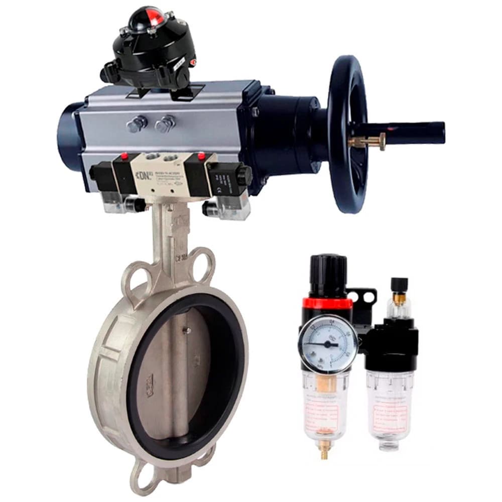 Затвор дисковый поворотный 316-316-VITON-2W-Fb Ду80 Ру16, нержавеющая сталь 316L, уплотнение VITON, с пневмоприводом DA-105-1, с пневмораспределителем PND1-S2EM-52-2-T10-220VAC, БКВ LSB-210-02NM12-220/24, БПВ APU1-10-40-V08