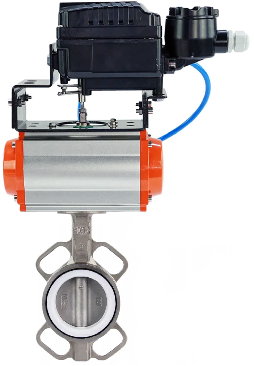 Затвор дисковый поворотный 316L-316L-PTFE Ду125 Ру16, корпус и диск нержавеющая сталь 316L, уплотнение PTFE, пневмопривод DA-105 двойного действия и с электропневматическим поворотным позиционером EPRP1-NU-0-08 без обратной связи