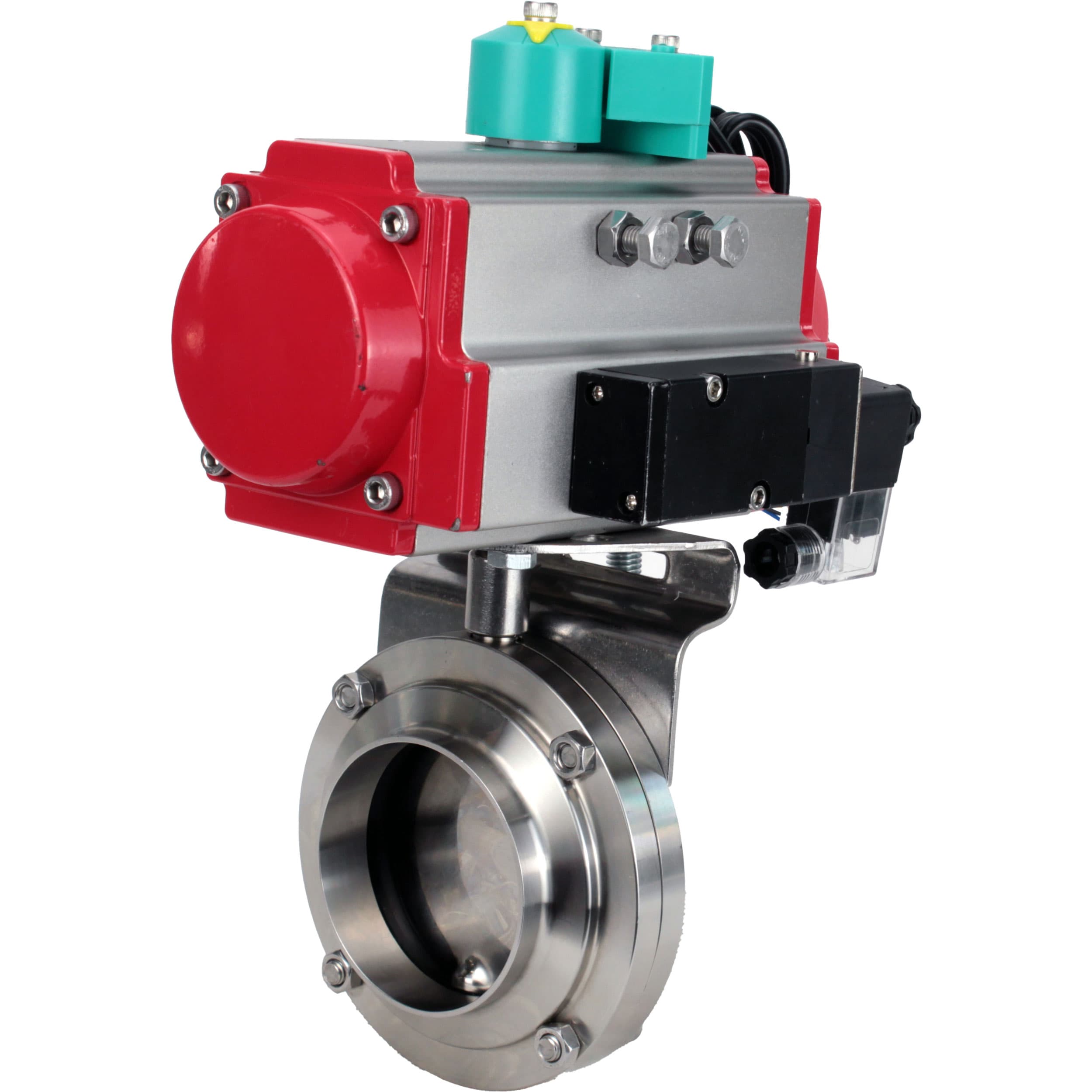 Затвор дисковый поворотный DN.ru 304-304-EPDM-2W-W-H Ду25 Ру10 под приварку, пищевая нержавеющая сталь 304, уплотнение EPDM, с пневмоприводом DA-052, пневмораспределителем PND2-S1EM-52-1NC-J08-220VAC и магнитным переключателем МППП-200