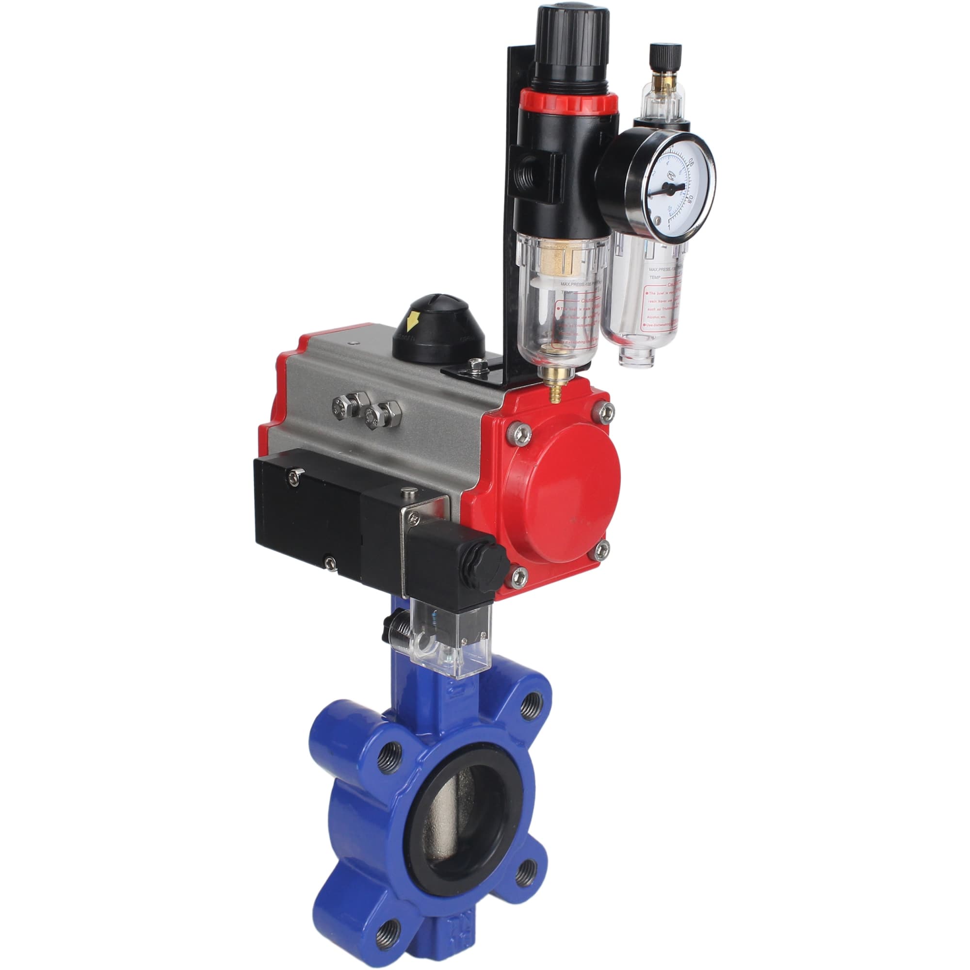 Затвор дисковый поворотный QT450-QT450-NBR-2W-Fb-H Ду50 Ру16 корпус чугун QT450, диск чугун QT450, уплотнение NBR, с пневмоприводом SA-083, пневмораспределителем PND2-S1EM-52-1NC-J08-220VAC и БПВ APU1-10-40-V08